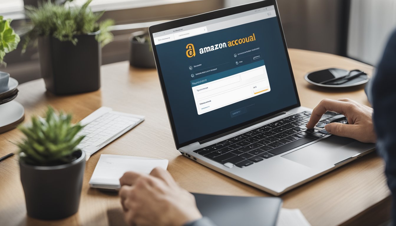 A person sitting at a desk with a laptop, filling out an online form to create an Amazon individual seller account. The laptop screen displays the Amazon website