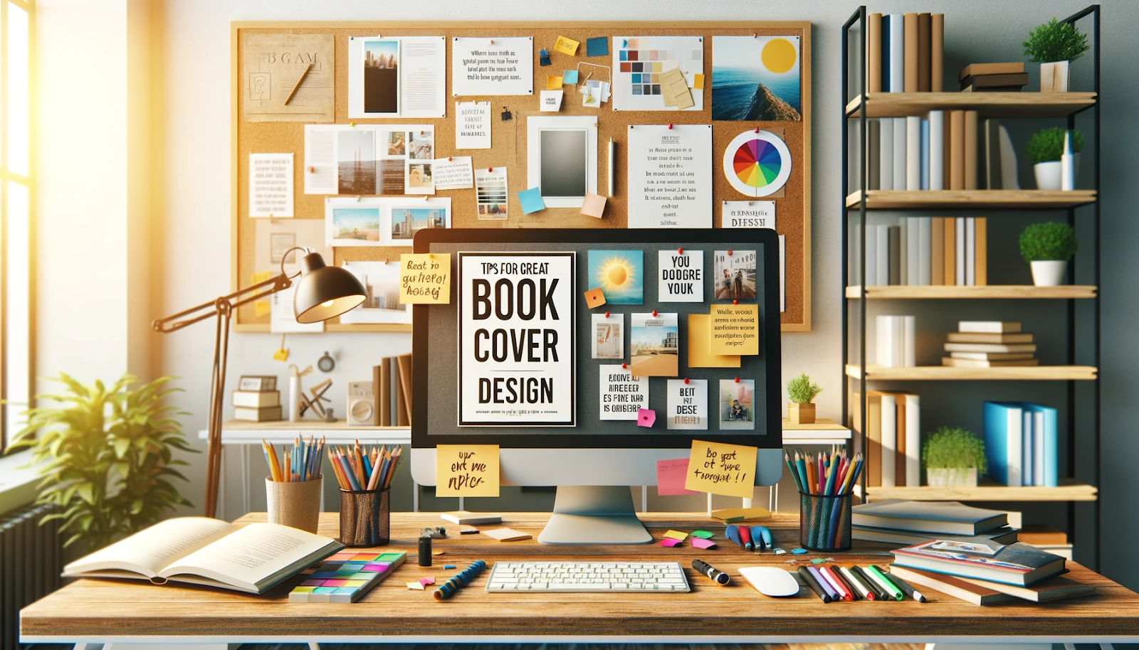 A vibrant and inspiring digital illustration of a creative workspace focused on book cover design. At the center, a computer screen displays 'Tips for Great Book Cover Design,' surrounded by pinned notes, design samples, color swatches, and motivational quotes. The desk is filled with open books, sticky notes, colored pencils, markers, and design tools, reflecting an artistic and organized environment. A large corkboard in the background is covered with images, sketches, and color palettes, enhancing the mood of creativity and design planning.