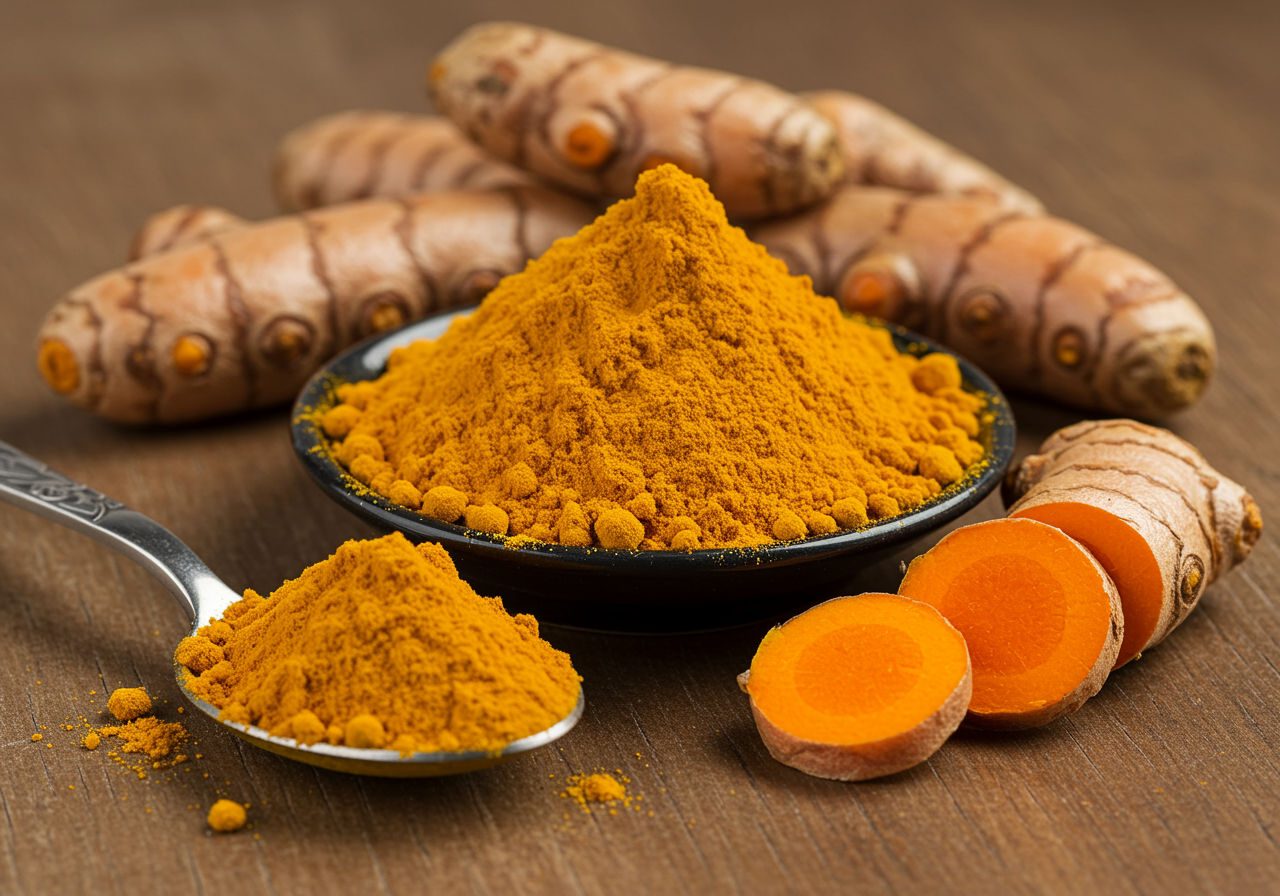A photorealistic shot capturing vibrant yellow turmeric powder piled on a small plate or spoon, with a piece of fresh turmeric root nearby, showcasing its intense color and emphasizing its potent health benefits.