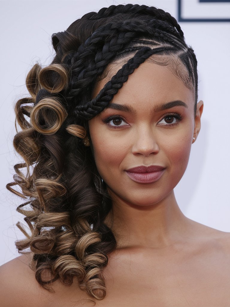 8. Side-Swept Braids with Curly Ends