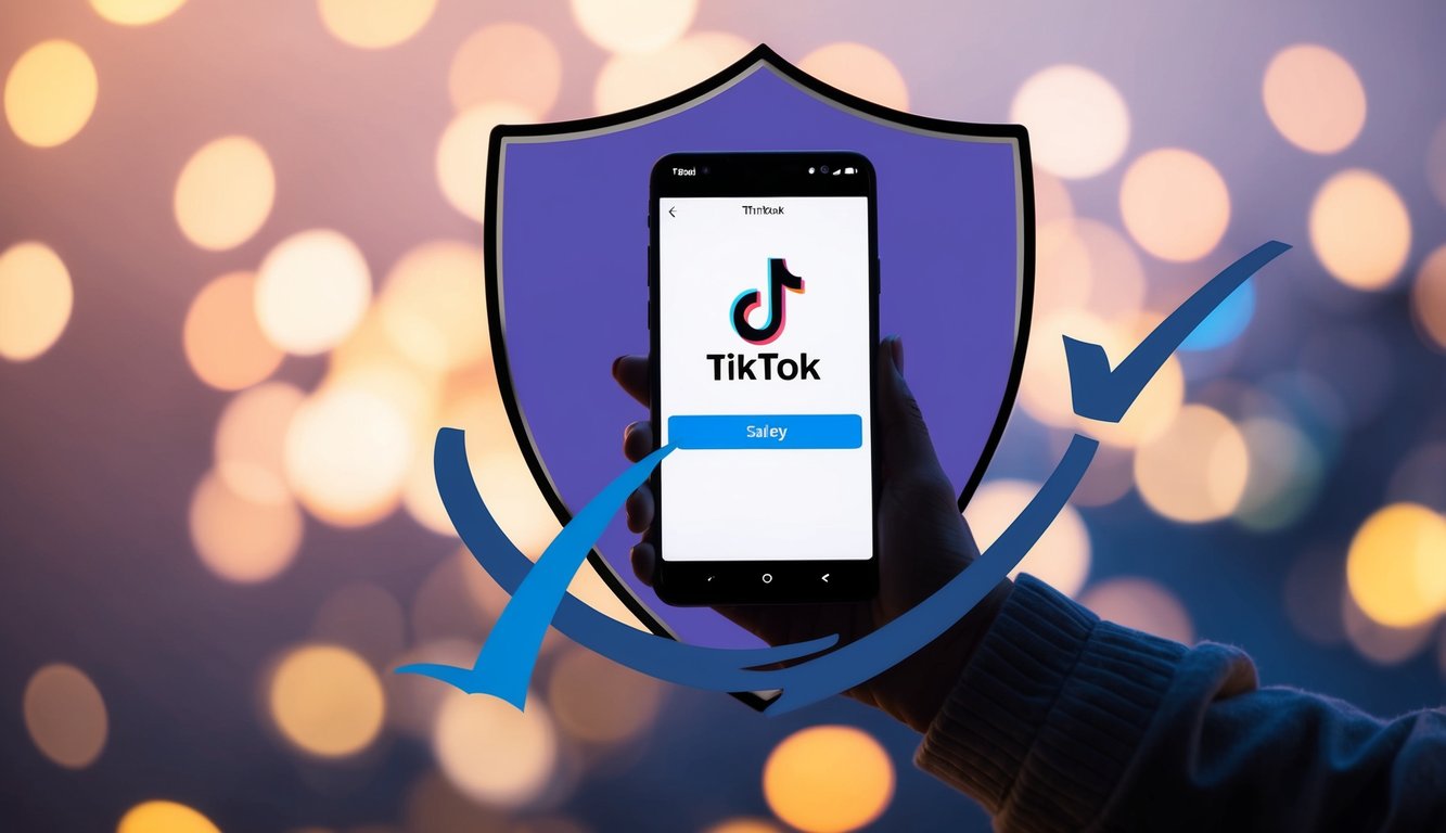 A smartphone with a TikTok app open, surrounded by a shield and lock symbol, with a checkmark indicating safety