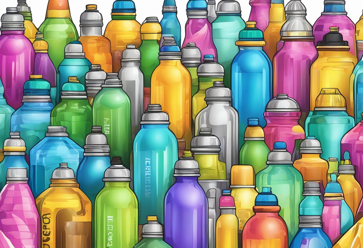 A variety of fonts surround a collection of colorful water bottles