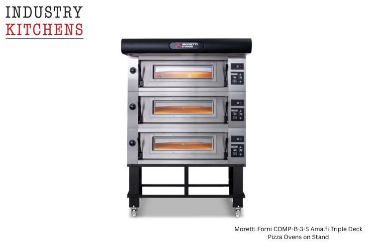 Moretti Forni COMP-B-3-S Amalfi Triple Deck Pizza Oven on stand, a professional stainless steel commercial pizza oven with three separate cooking chambers.