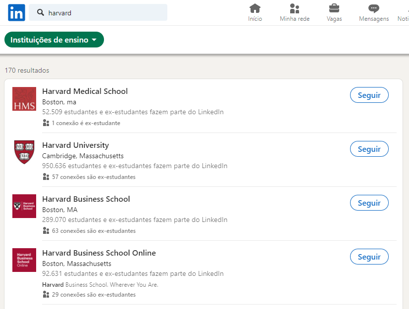 Resultados do mecanismo de busca do Instagram para a palavra-chave “harvard”