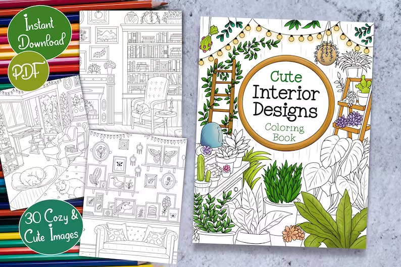 Cute Interior digital coloring book