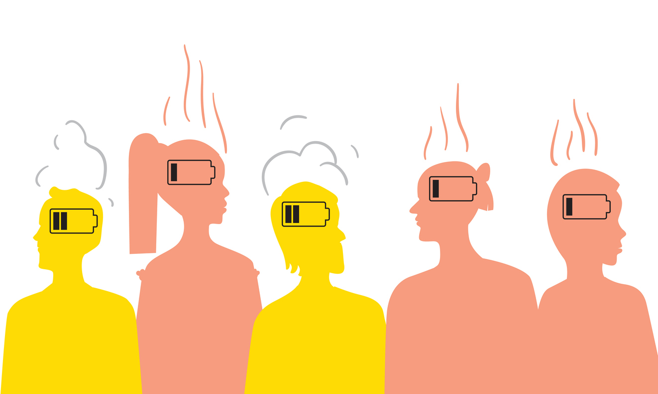 silhouettes of people with low battery power in their heads