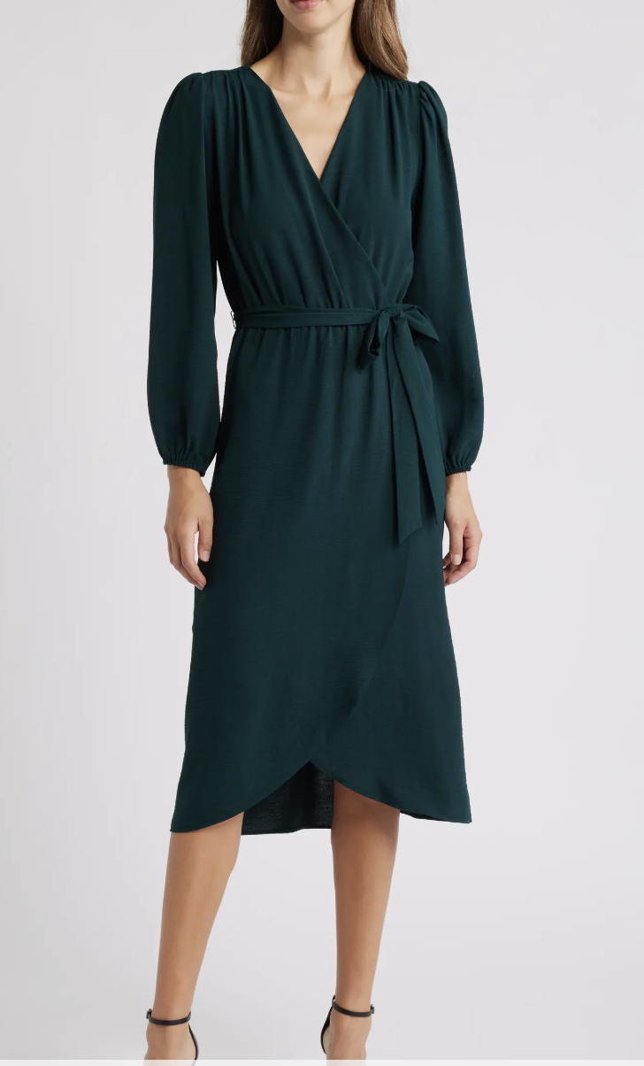 Connected Apparel Long Sleeve Faux Wrap Midi Dress