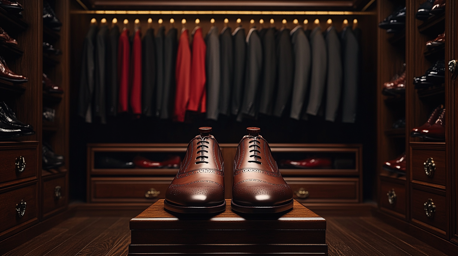 Dark brown shoes with a refined, elegant finish, displayed in front of a wardrobe full of black suits and red shirts hanging.