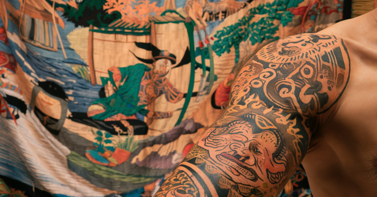 A man showcasing a tattoo on his arm, reflecting the rich history of Japanese tattoos and their cultural significance.