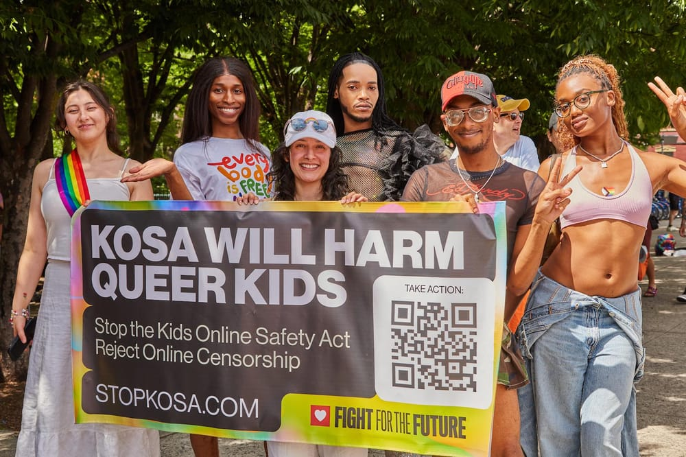 A group of advocates smiles at the camera and holds up a banner reading "KOSA will harm queer kids."