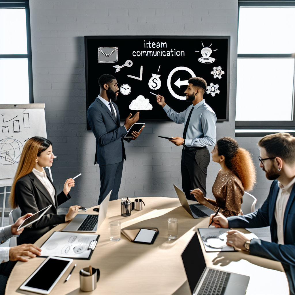 Business professionals in a meeting discussing strategies to improve team communication, with a presentation board displaying key collaboration concepts.