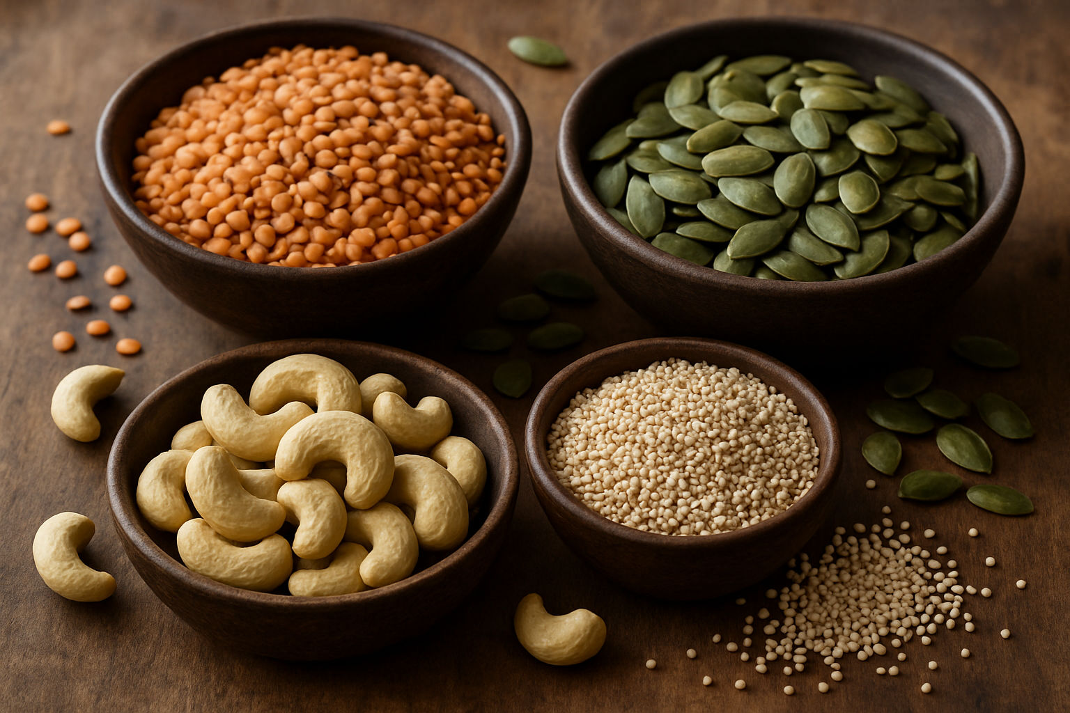 A photorealistic shot capturing various legumes, seeds and nuts known for their zinc content. The arrangement should be aesthetically pleasing and include lentils, pumpkin seeds, cashews and quinoa, displayed in rustic bowls on a wooden surface. The lighting should be natural, emphasizing textures and colors of the plant-based foods. The image should evoke a sense of healthy, plant-based nutrition.