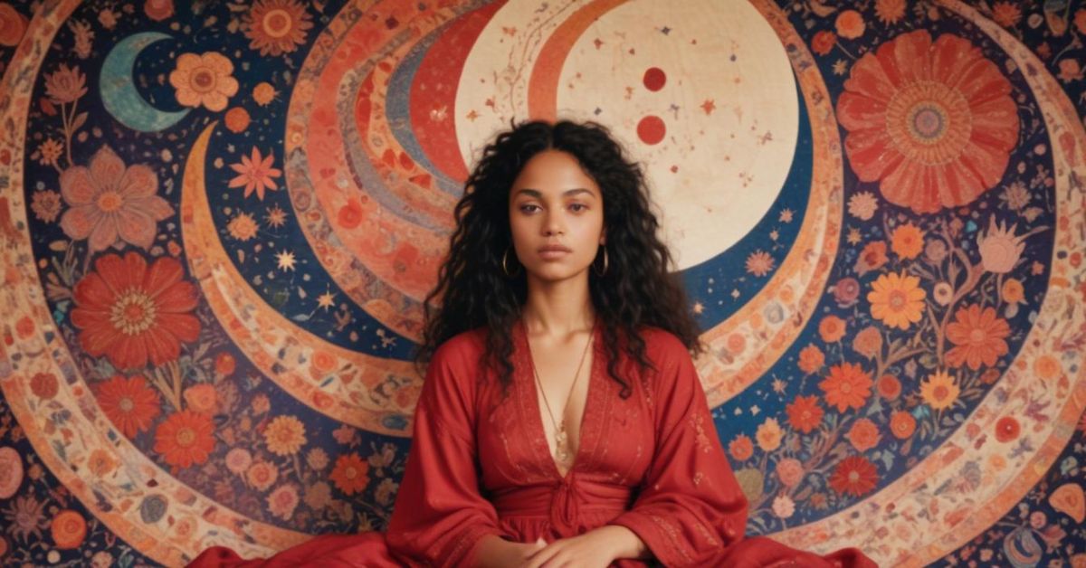 A woman in a red dress sits on a rug, embodying the theme of "Menstruation in a Dream" through her serene expression.