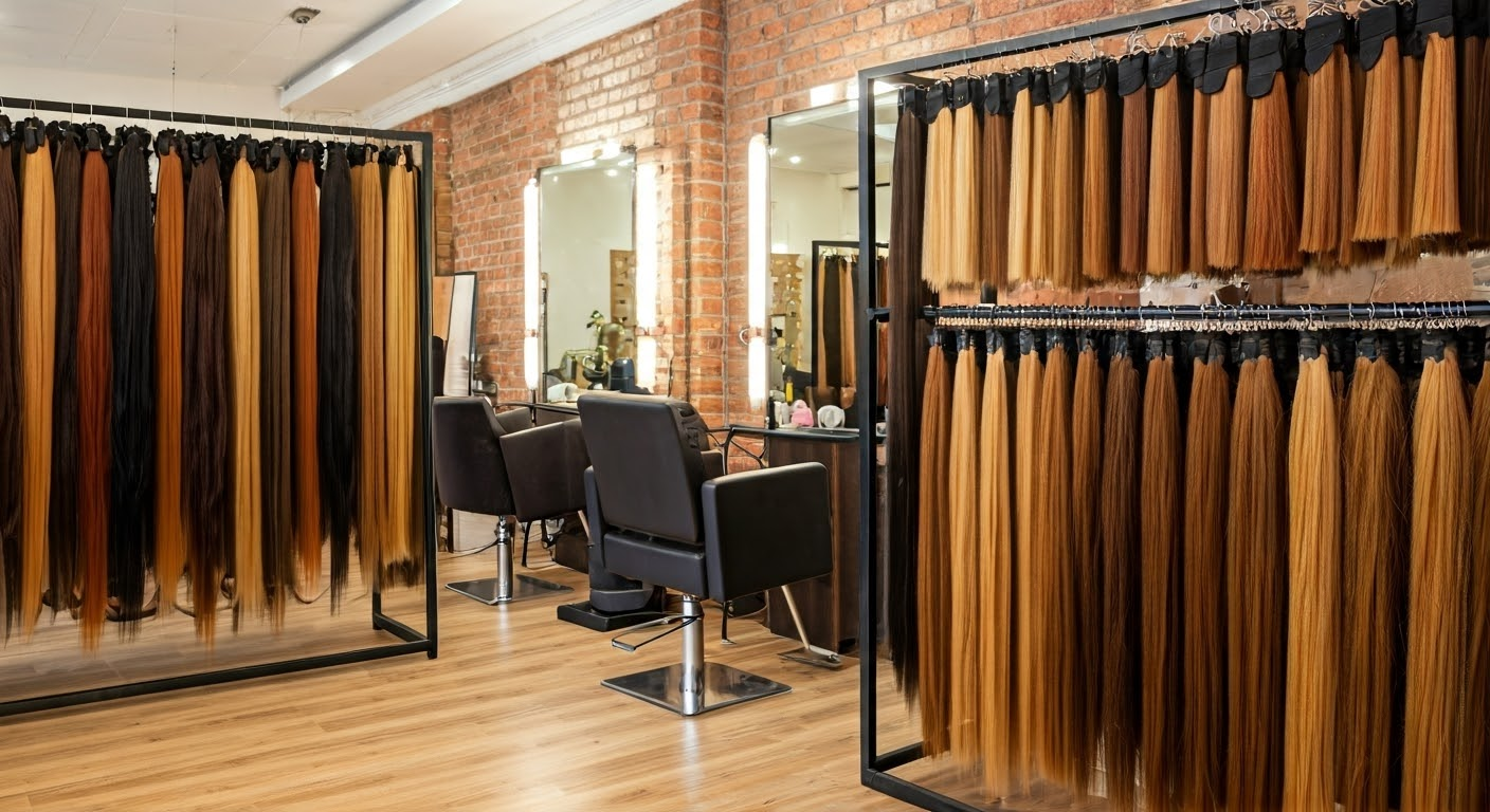 Elegant salon interior with hair extensions.