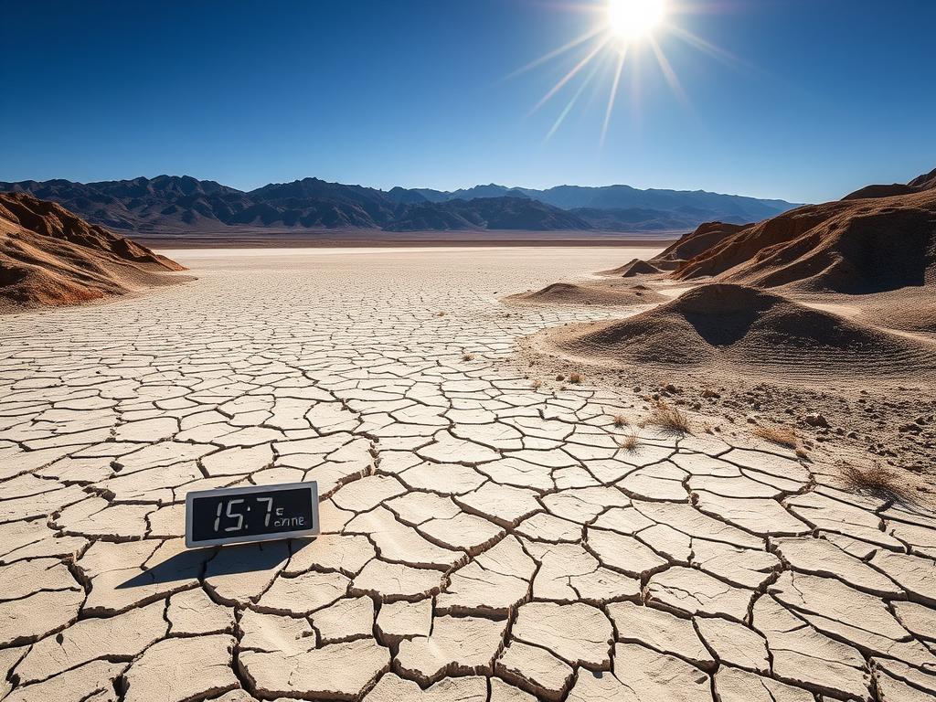 Furnace Creek in Death Valley showing cracked earth and heat waves rising from Earth's Most Extreme Temperature Location