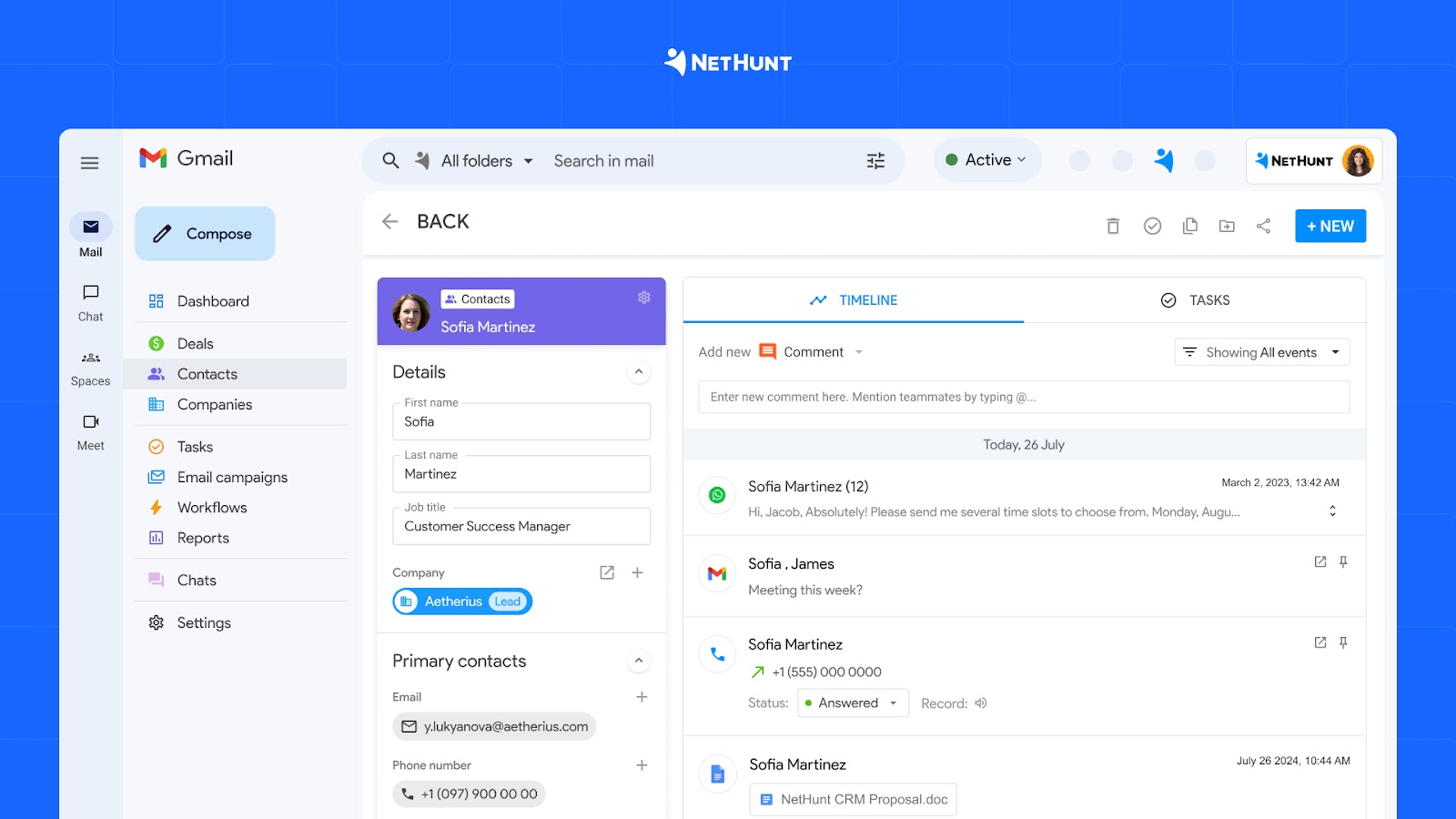 Customer record and Timeline section in NetHunt CRM