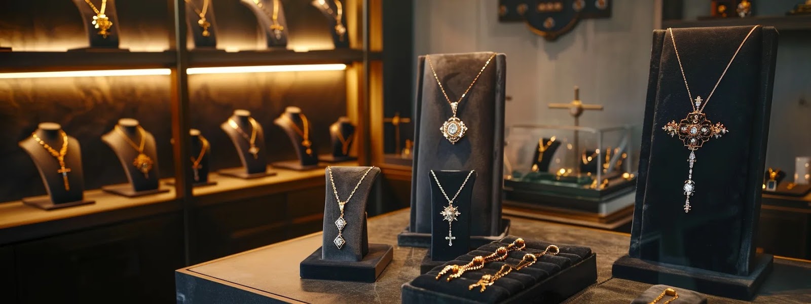 a sleek, modern workspace is filled with elegant, personalized religious pendants displayed on a plush velvet stand, showcasing intricate designs, sparkling gemstones, and symbols that reflect deep personal beliefs against a backdrop of soft, ambient lighting.