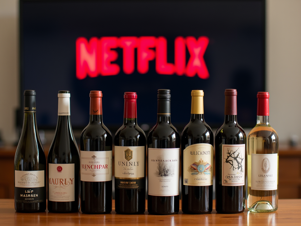 bottles of wine with Netflix on the TV in the background, wine recommendations for binge watching Netflix 