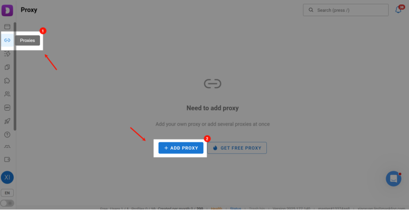 Dolphin Anty proxies page screenshot