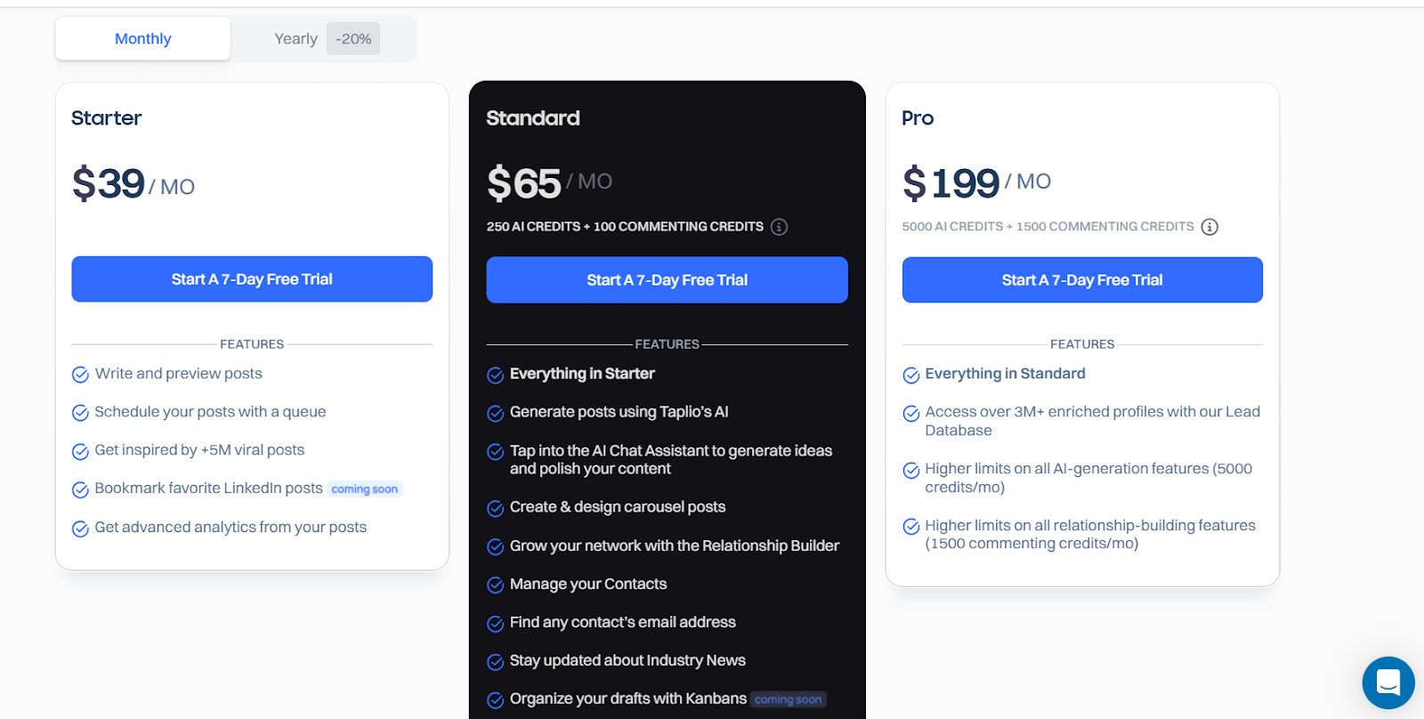 Taplio Review: A screenshot of Taplio's pricing 