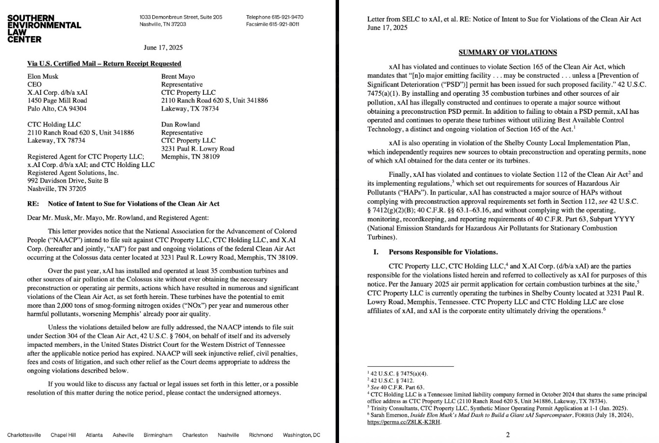 The NAACP threatens legal action against xAI for operating unpermitted gas turbines at its Memphis data center, citing environmental racism concerns