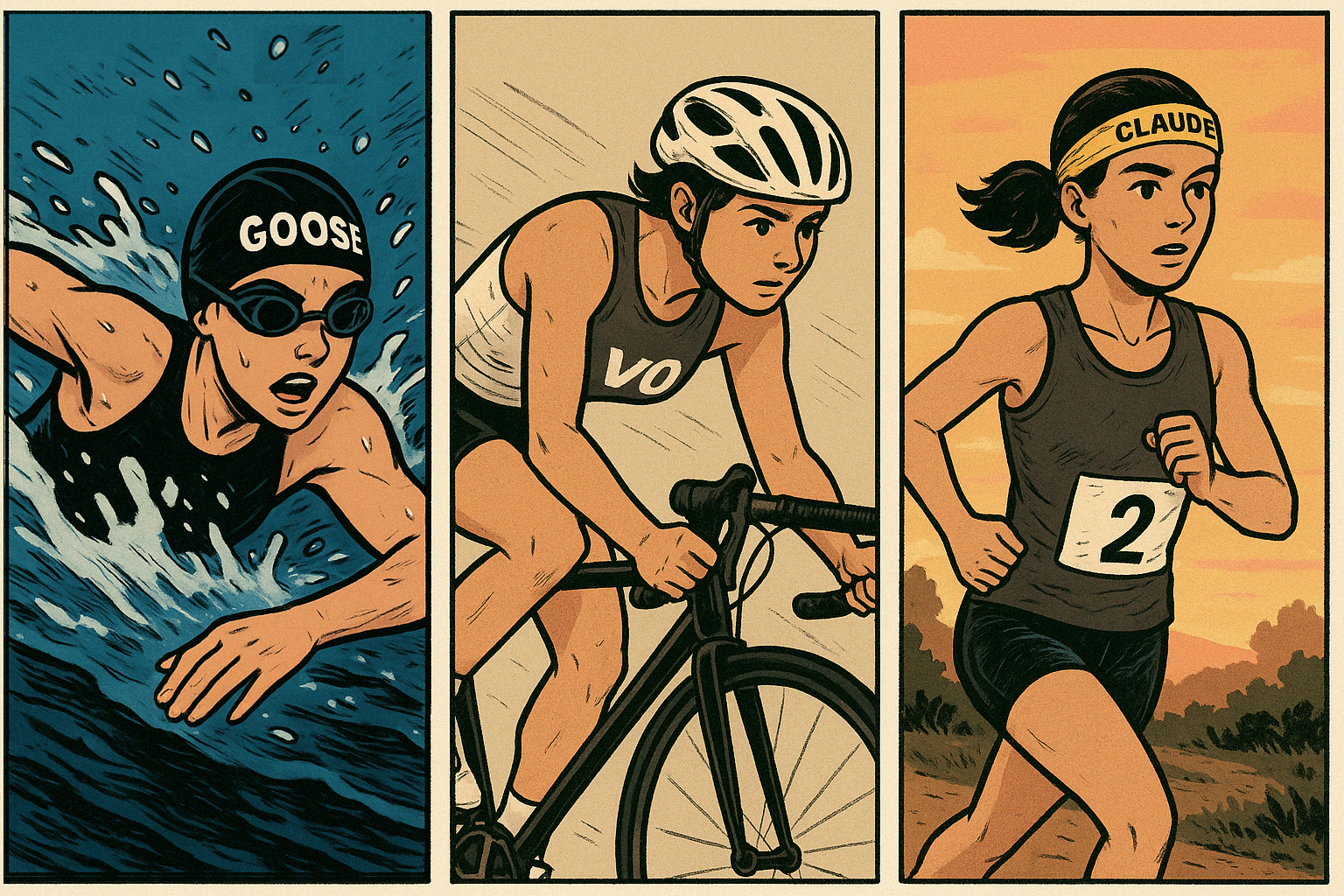 A young woman competes in a triathlon across three comic panels: swimming through dark water, cycling on a road bike, and running on a trail at sunset. Each outfit features a sponsor’s name—Goose, v0, and Claude. There’s no visible dialogue, only dynamic motion in each scene.