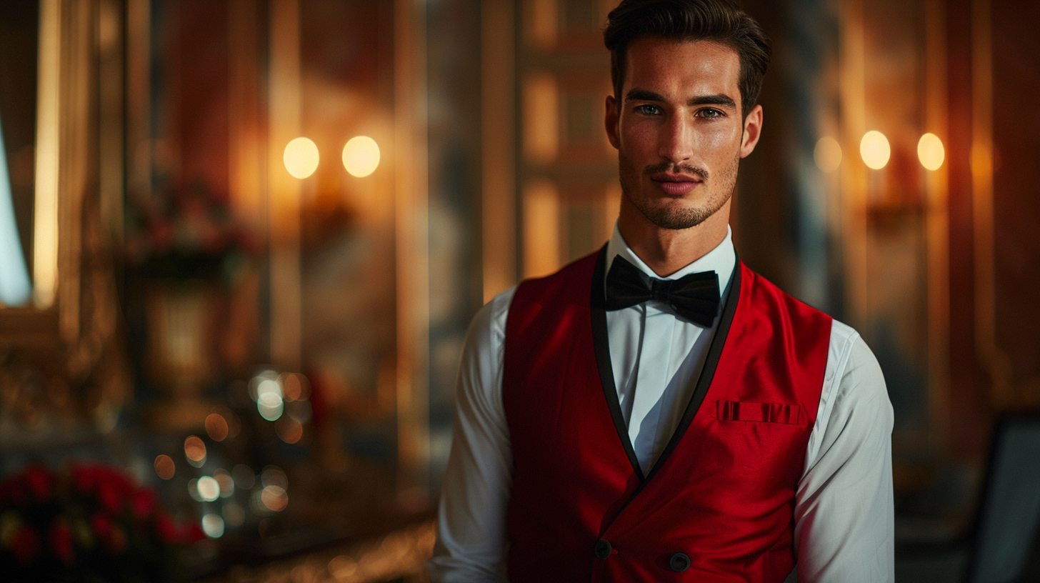 A man dressed for eveningwear in a red shawl collar vest with a smooth, rounded neckline, styled with a tuxedo shirt and black trousers. Elegant, black-tie event vibe, soft focus lighting, luxurious ambiance