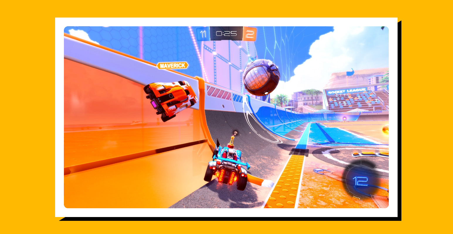 Screenshot of Rocket League gameplay with a stylized yellow border