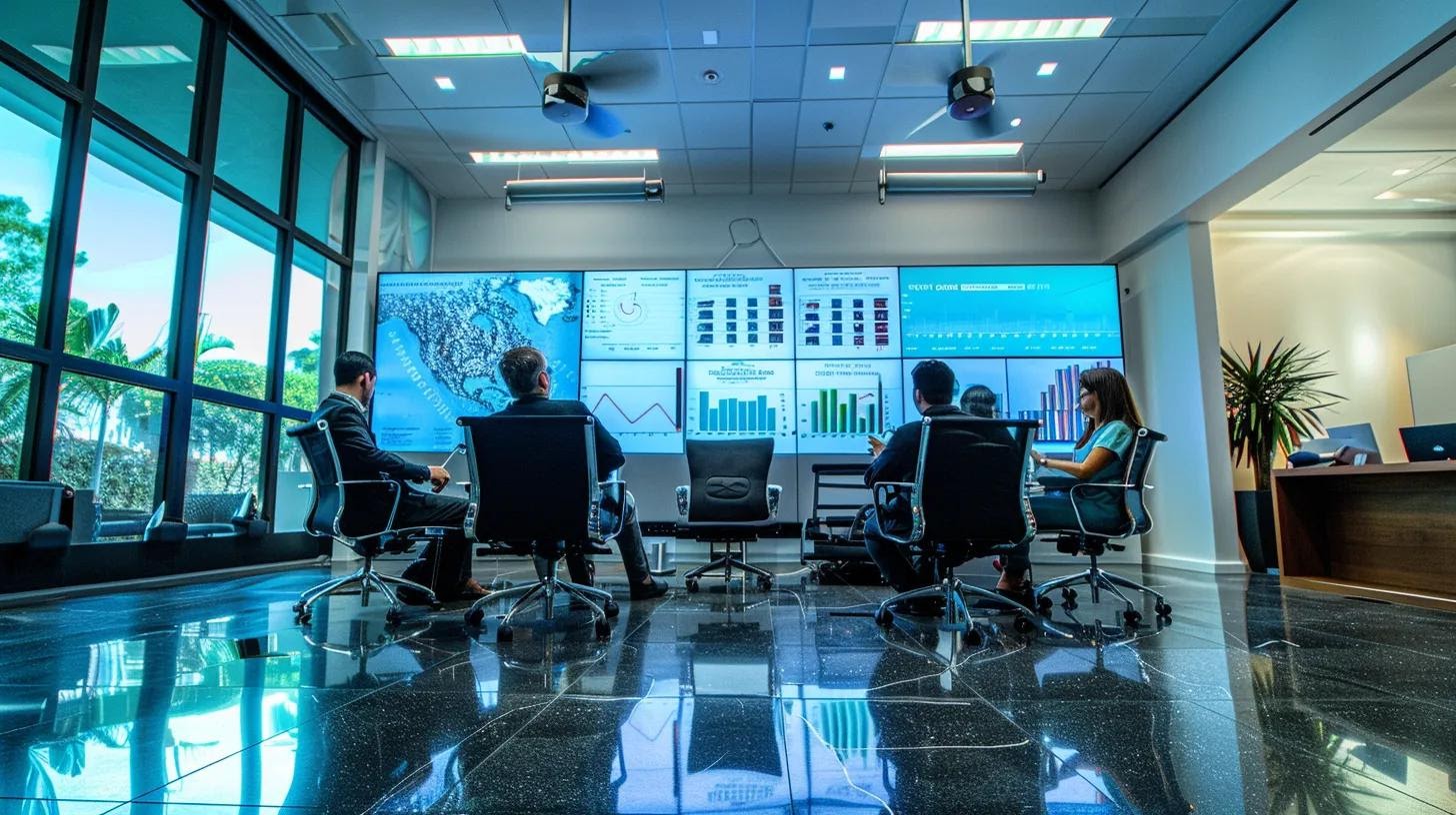 a sleek, modern office space filled with dynamic professionals engaged in lively discussions, surrounded by large screens displaying analytical data and keyword graphs related to the playas del coco audience.