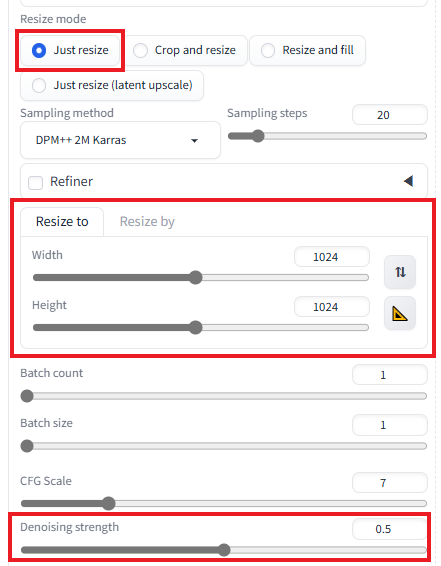 Let's enlarge the image with the Resize to parameter in the img2img tab.