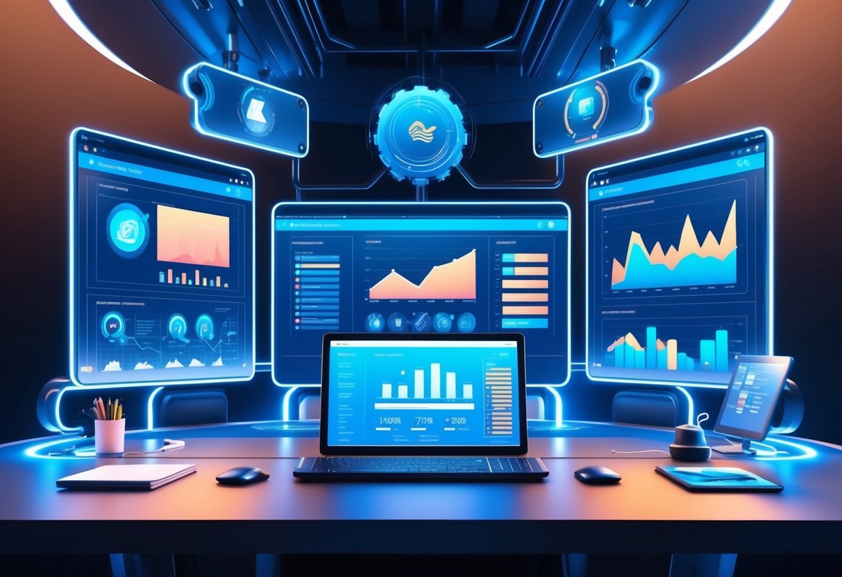 A futuristic e-commerce control center with automated tools and PPC management software, displaying data and graphs for analysis and strategy implementation