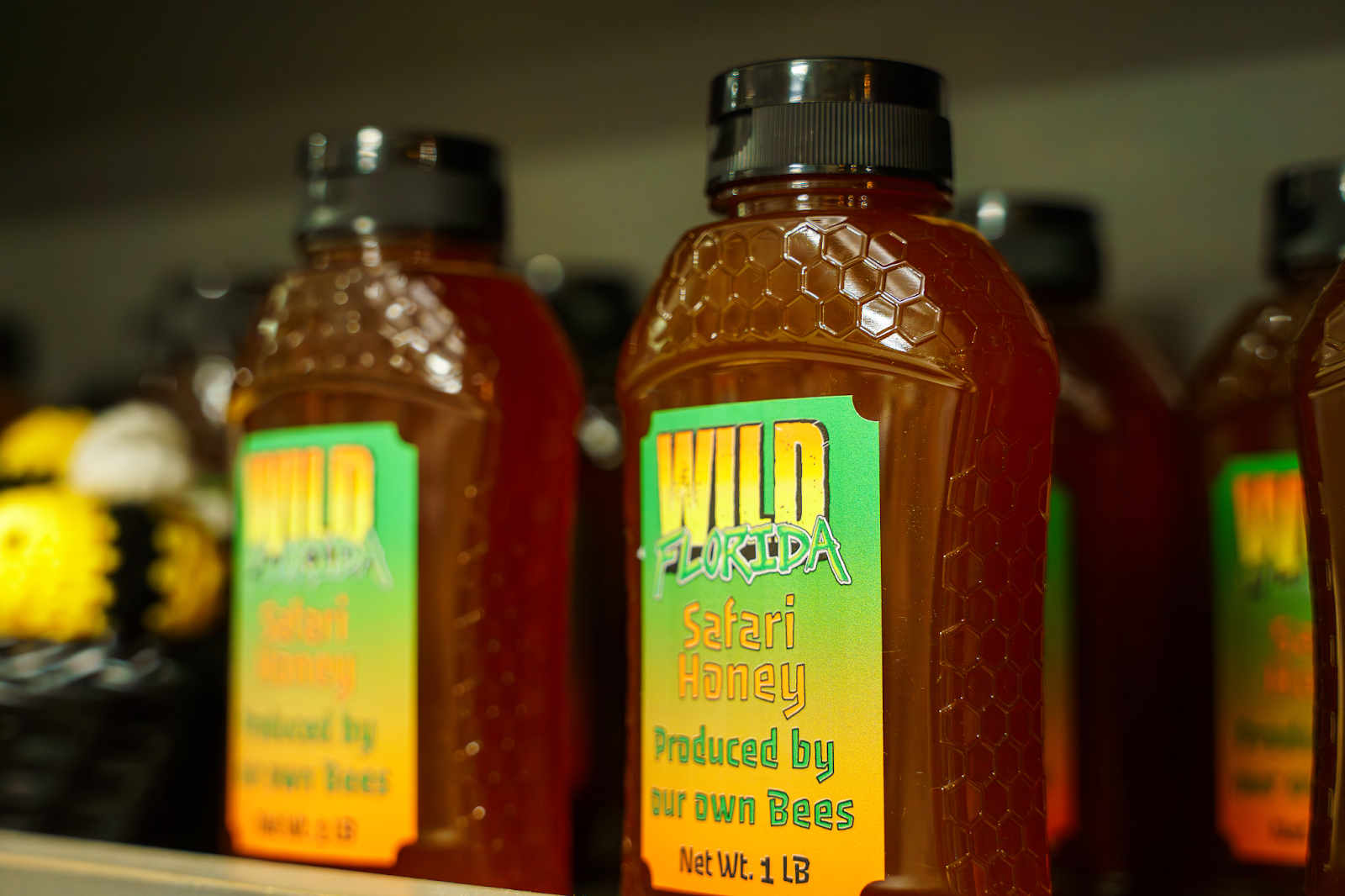 Bottles of Wild Florida’s Safari Honey that are produced by Wild Florida’s own bees.