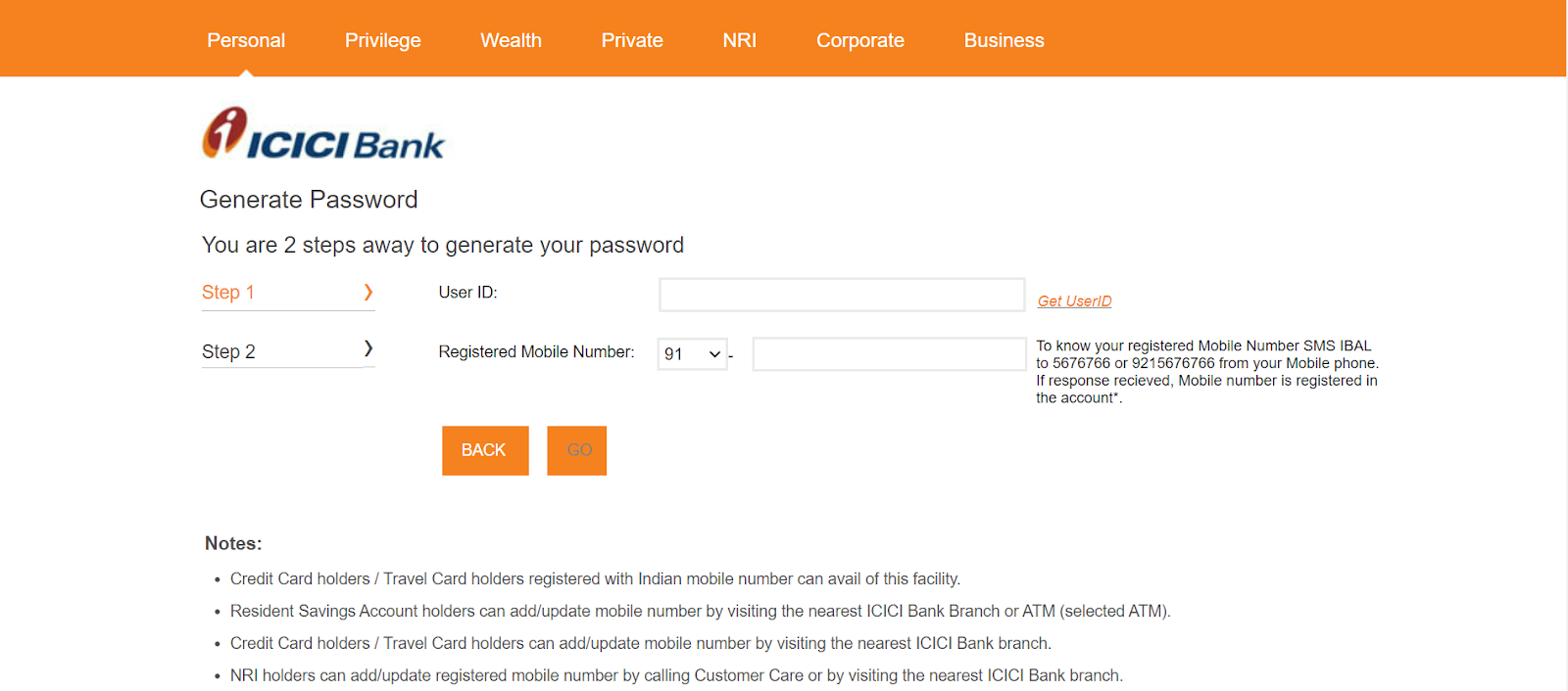 ICICI Net Banking Password Retrieval