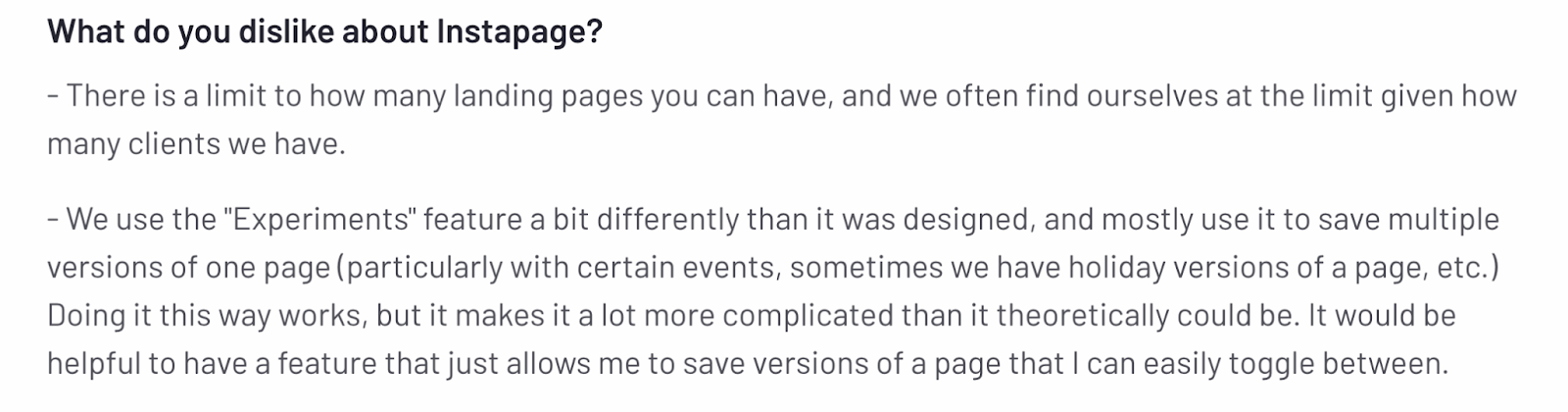 Screenshot of a user review answering ‘What do you dislike about Instapage?’