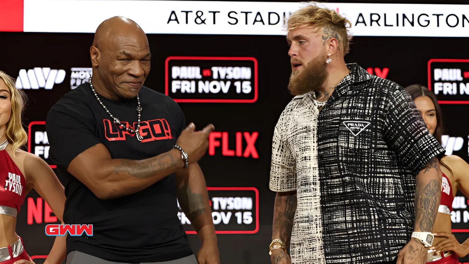 Mike Tyson and Jake Paul face off at AT&T Stadium promotion event