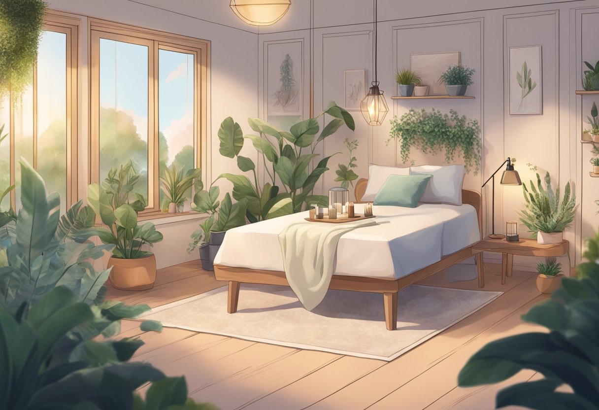 A serene room with soft lighting, calming music, and a comfortable treatment table surrounded by plants and crystals