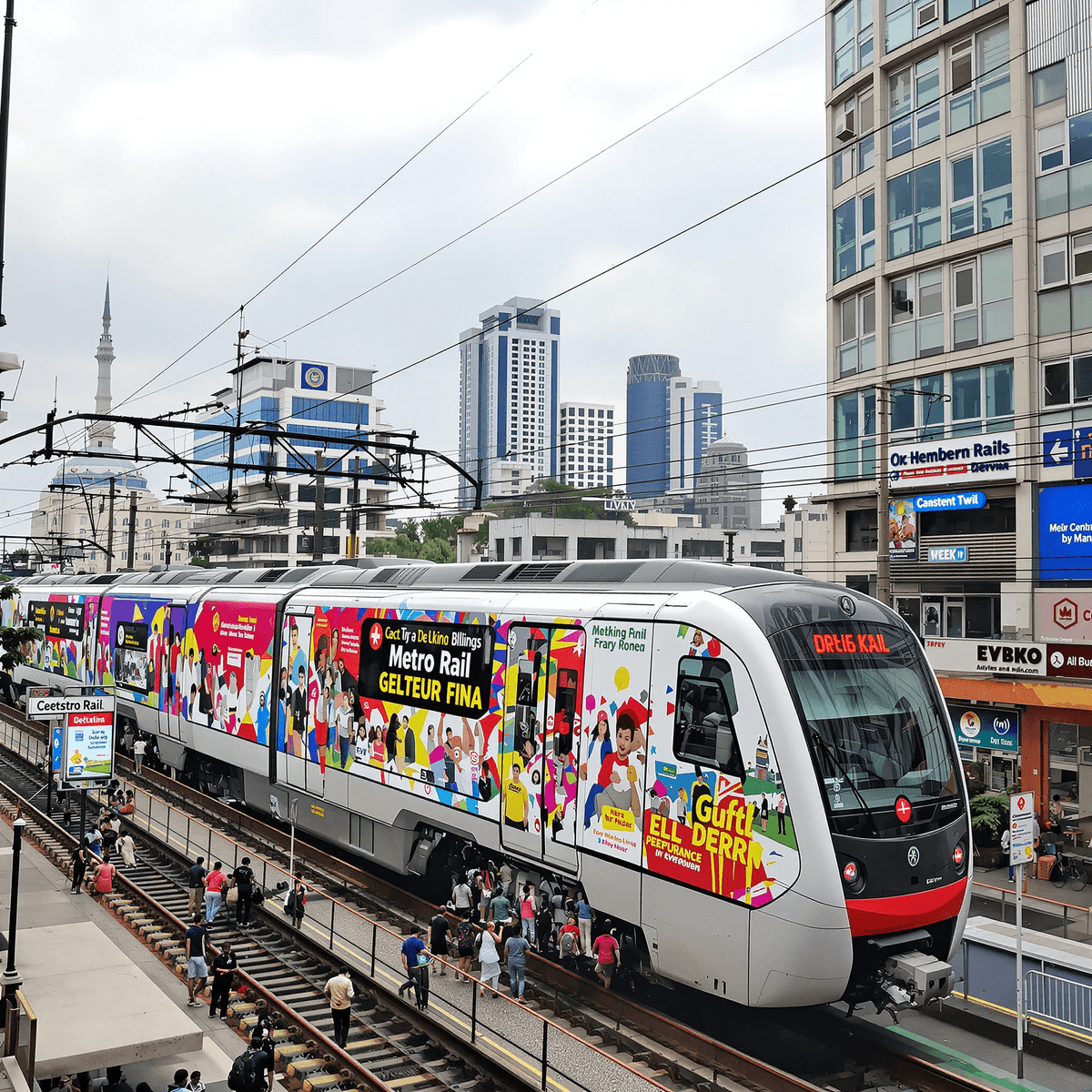 Modern metro train with colorful ads at a busy station, city skyline in the background, and commuters around digital signage promoting rail advertising.