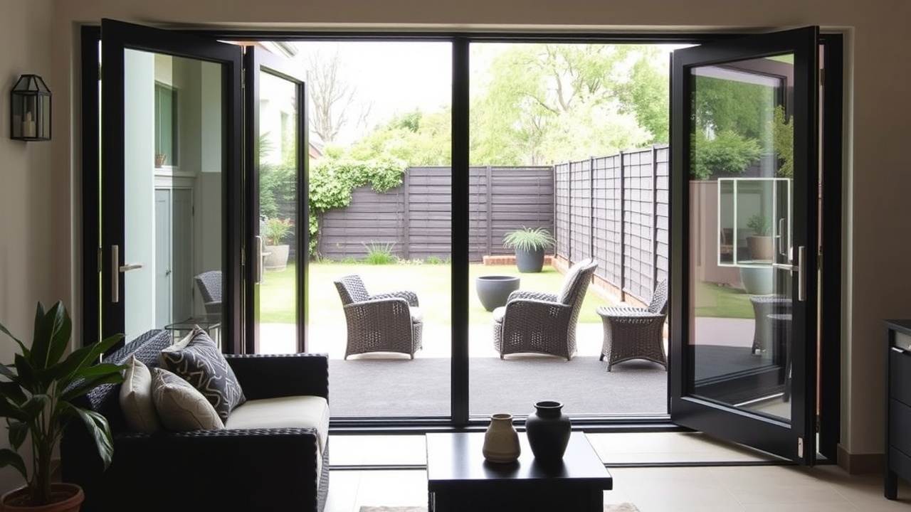 A stylish patio with black bifold doors that match dark outdoor furniture.