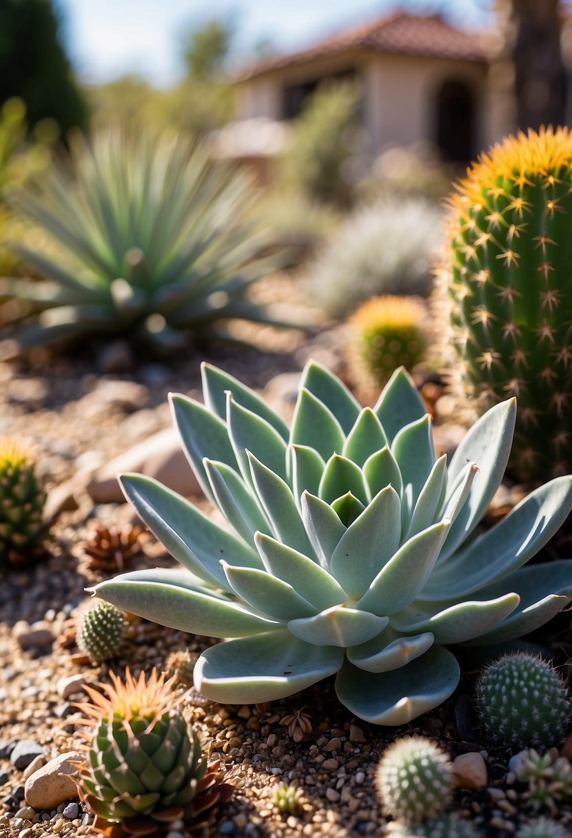 A variety of drought-tolerant plants arranged in a front yard landscape, featuring succulents, cacti, and other low-water plants