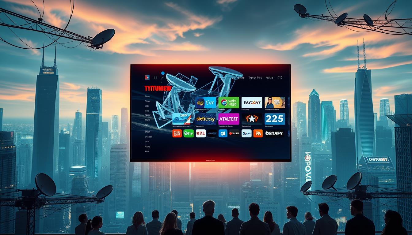 A futuristic cityscape with towering skyscrapers and a vibrant, neon-lit skyline. In the foreground, a large, sleek television screen hovers, its display showcasing a dynamic, 3D interface representing the various channels and streaming services of an advanced IPTV system. The screen is backlit by a warm, ambient glow, creating a sense of depth and sophistication. In the middle ground, a group of people are gathered, their faces illuminated by the screen's digital display, conveying a sense of engagement and wonder. The background is filled with a maze of interconnected cables and satellite dishes, representing the complex technological infrastructure that powers this cutting-edge television experience. The overall mood is one of innovation, progress, and the seamless integration of technology into everyday life.