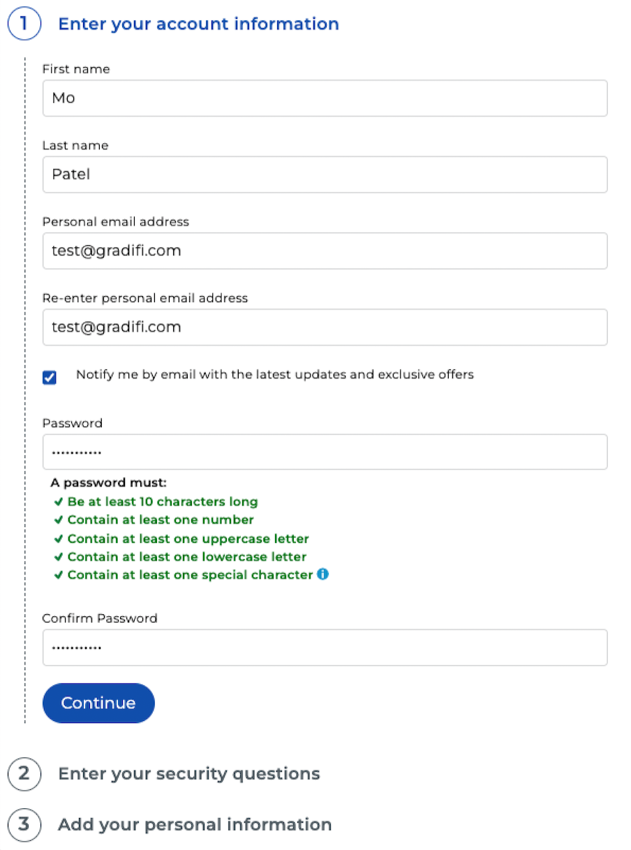 Enter account information step