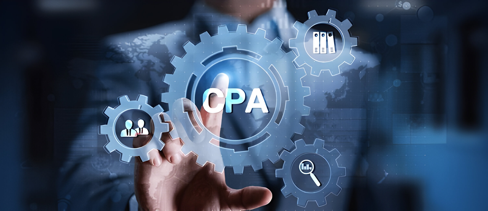 Digital graphic of CPA concept with business icons, representing the qualifications and responsibilities of a Certified Public Accountant (CPA)