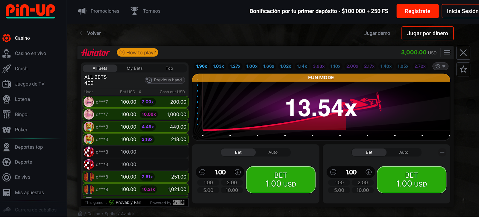 Aviator en Pin-Up Casino con un multiplicador de 13.54x, resaltando opciones para quienes buscan dónde jugar Aviator en Argentina.