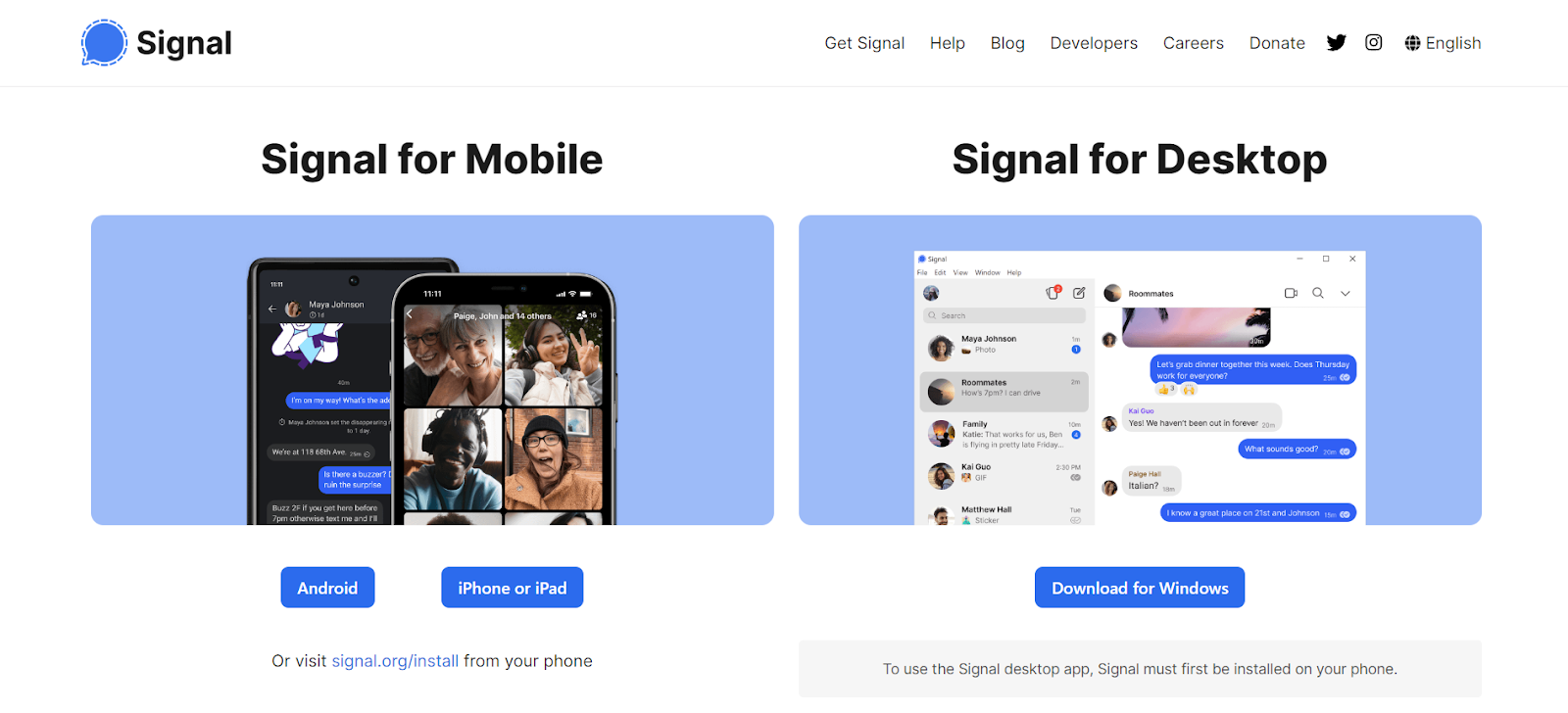 Signal app download options for mobile and desktop platforms