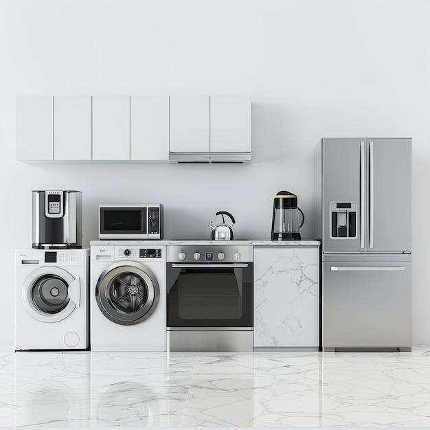 Showcase of Modern Household Appliances against White Backdrop Fridge Washing Machine Microwave Stove Blender Iron
