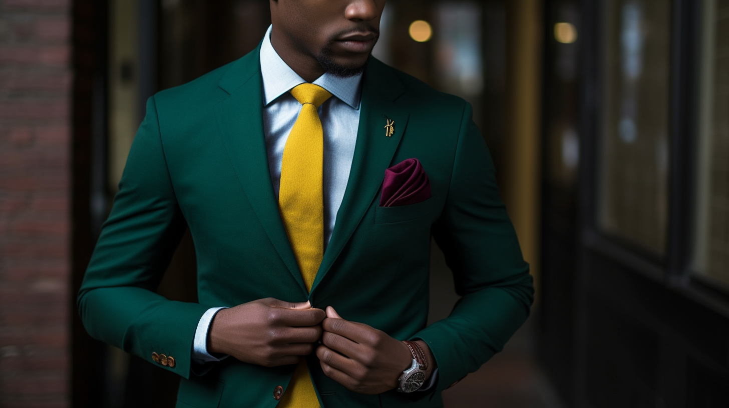 
A bold green suit paired with a deep burgundy dress shirt, creating a striking contrast. The ensemble is accented with a mustard yellow tie and cobalt blue pocket square, adding vibrant layers of color. The suit is tailored with a sleek, modern fit, complemented by polished black leather shoes. Accessories like a subtle gold watch and understated cufflinks tie the look together. The background features a dynamic, contemporary setting with vibrant lighting that highlights the bold color palette of the attire