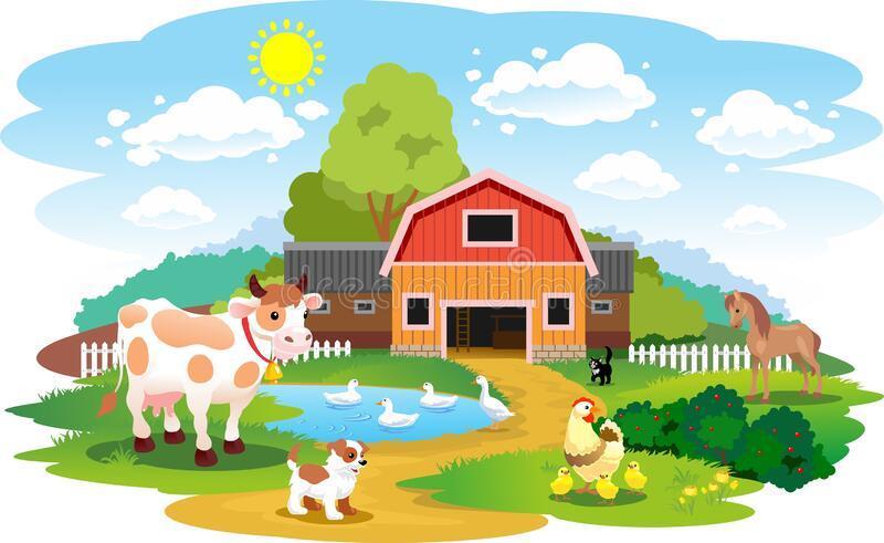 Summer Landscape with Farm Animals and Barn. Farm Animals. Summer Holidays  at the Countryside. Vector Illustration. Stock Vector - Illustration of  green, nature: 181525090