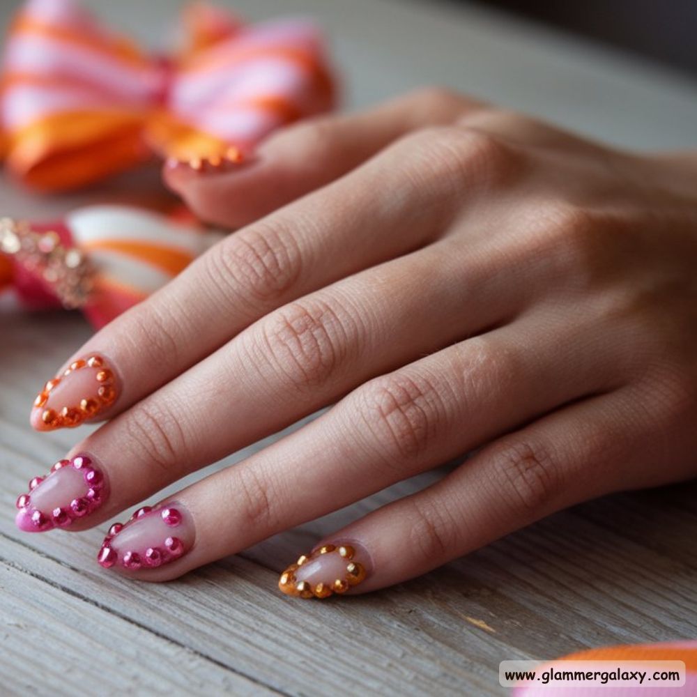 Orange and Pink Summer Nails with Glamorous Studded Nails