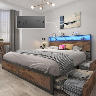 Lifezone Queen Bed Frame with 2-Tier Storage Headboard, Metal Platform Bed Frame with 4 Storage Drawers
