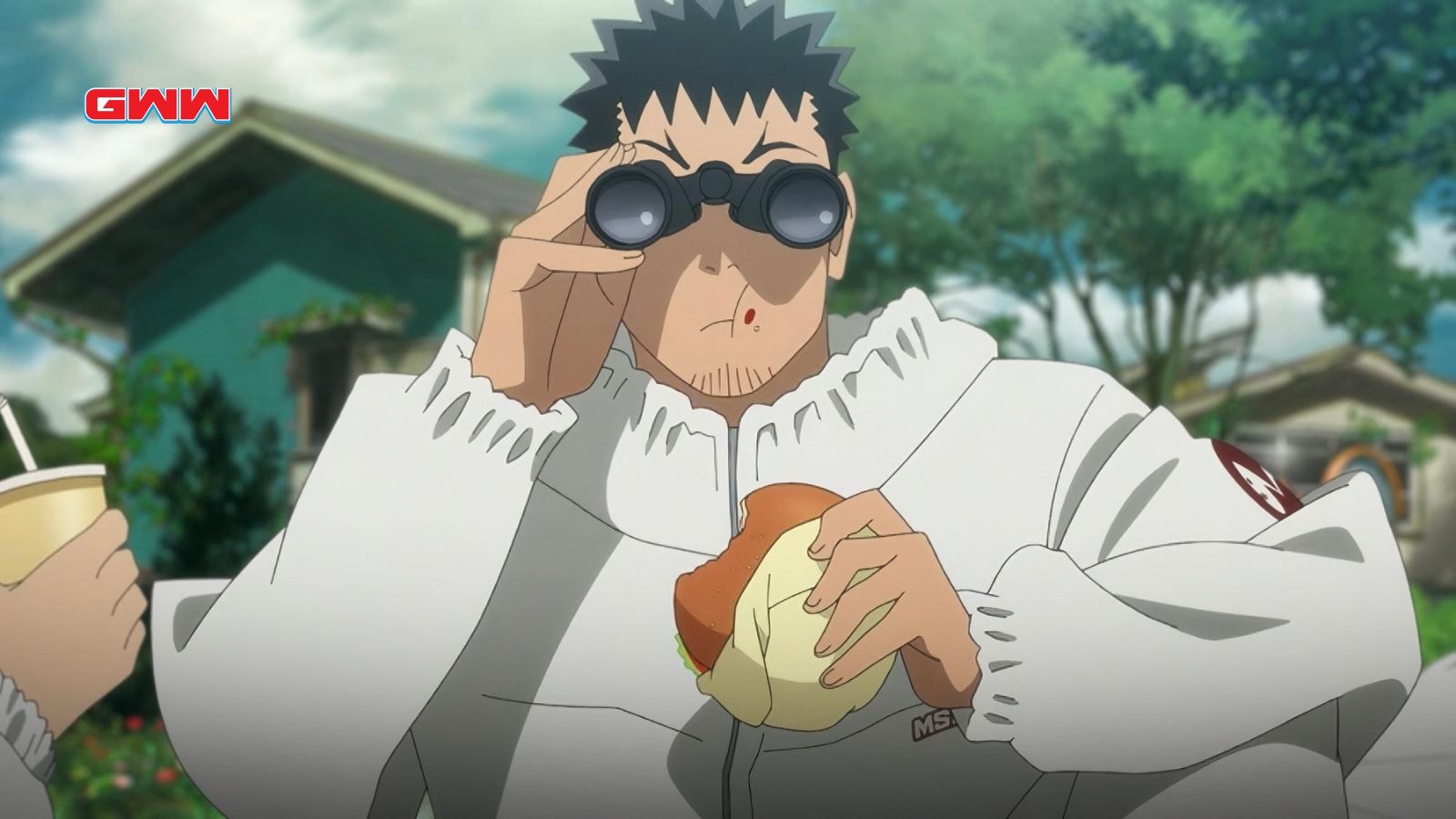 Masaya Fukunishi as Kafka Hibino eating a sandwich